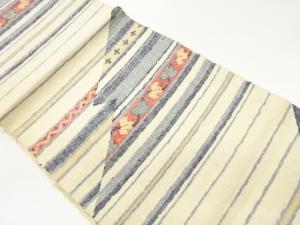 手織り紬変わり横段に蔦葉・幾何学模様織出し名古屋帯